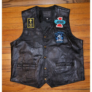 Genuine Leather Vest XL Navarre Leather Company Jesus Bikers For Christ Patches